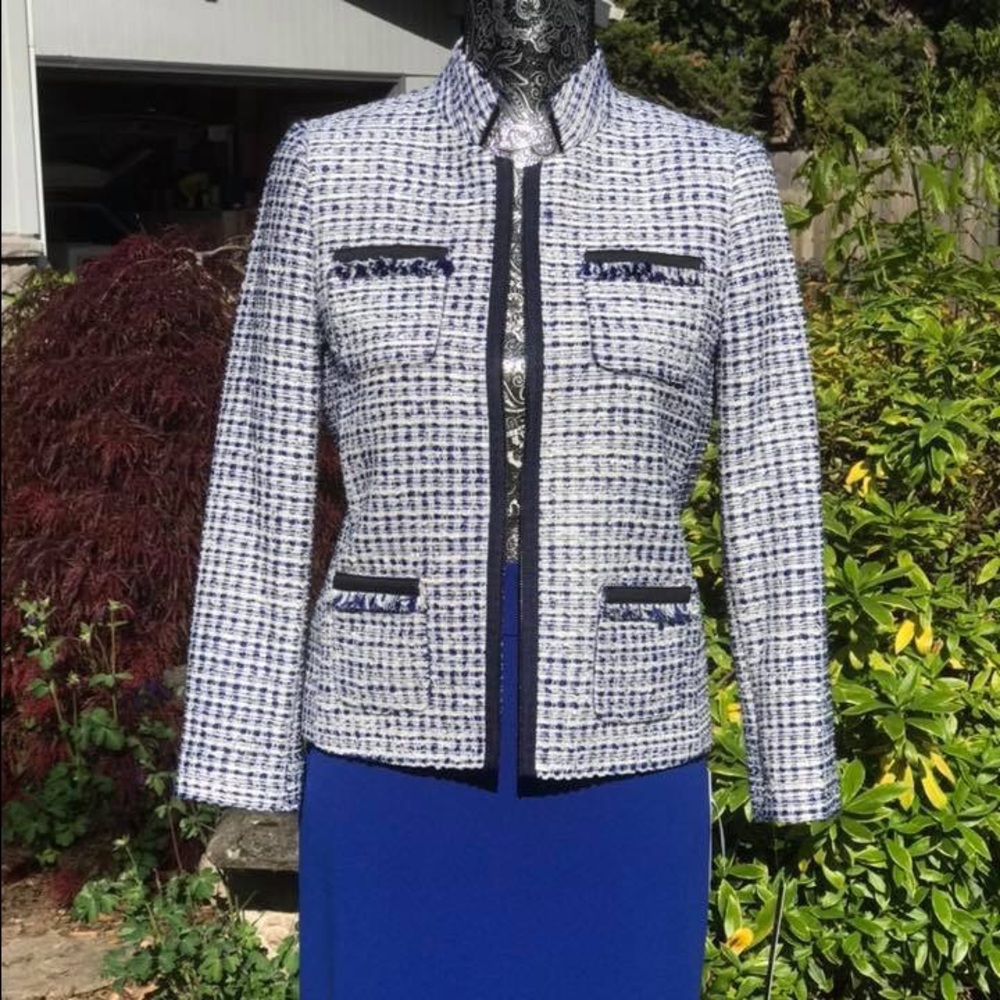 Tahari White & Royal Blue Sequin Plaid Jacket